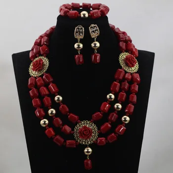 

Unique Wine Red Nigerian Coral Beads Bridesmaid Necklace Set Pendant Indian Dubai African Jewelry Set Free QW420