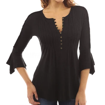 

3XL Plus Size 2018 Summer New Women Sexy V Neck Flare Sleeve Pleated Tops Blouse Shirts Solid Casual Loose Shirt blusas feminina