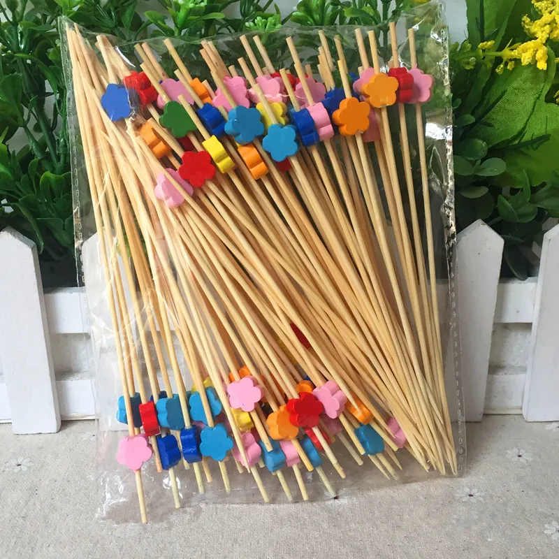 

100pcs 12cm Romantic flower Bamboo Food Picks Fruit Sticks Buffet Cocktail Wedding Festival Party Decorations Cupcake Toppers