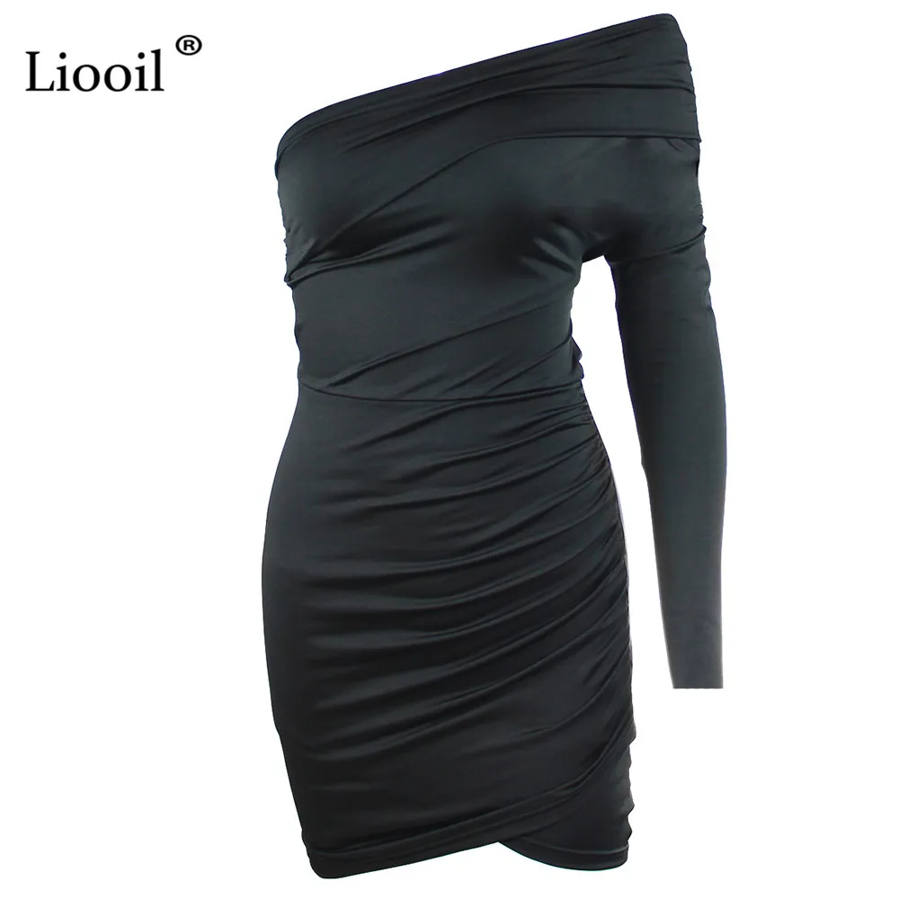 Liooil сексуальное платье на одно плечо Женская одежда с длинным рукавом красные, черные, белые Асимметричные подол облегающее мини платье на день рождения