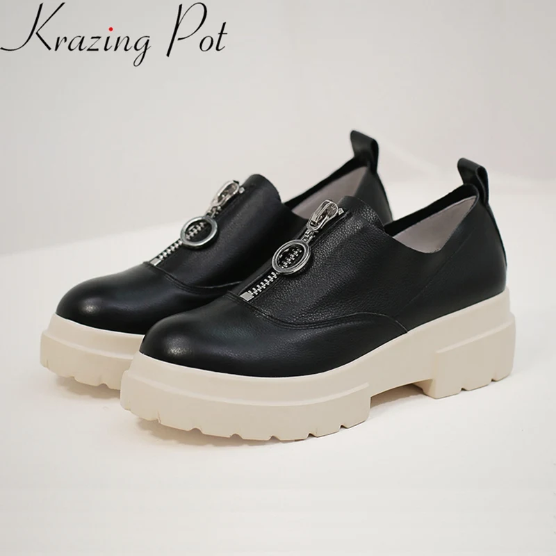 

Krazing Pot 2019 big size cow leather round toe zipper solid sneaker elegant platform loafers casual women vulcanized shoes L11