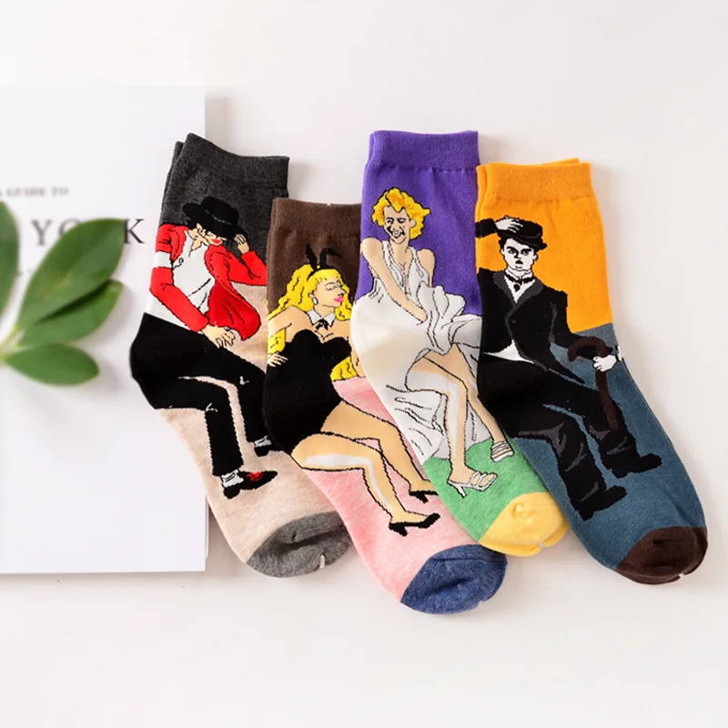 Women Cotton Art Sock Abstract Oil Paint Portrait Funny Sock Marilyn Monroe Chaplin Michael Jackson Renaissance Sock Short Femme Art Socks Funny Sockssocks Short Aliexpress