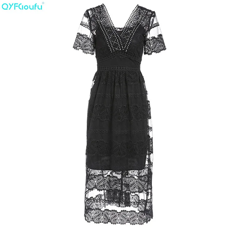 QYFCIOUFU новый черный летнее платье 2019 короткие рукава, с бисером с v-образным вырезом взлетно-посадочной полосы платье Высокое качество