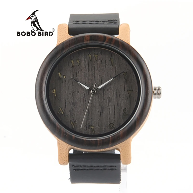 Бобо птица EN16 унисекс Ebony и древесины бамбука Кварцевые Аналоговые Циферблат 40 мм с настоящие кожаные браслеты для часов
