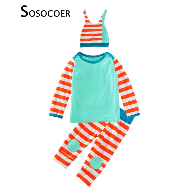 SOSOCOER/комплекты одежды для маленьких девочек 3 шт. футболка в полоску + штаны шапка