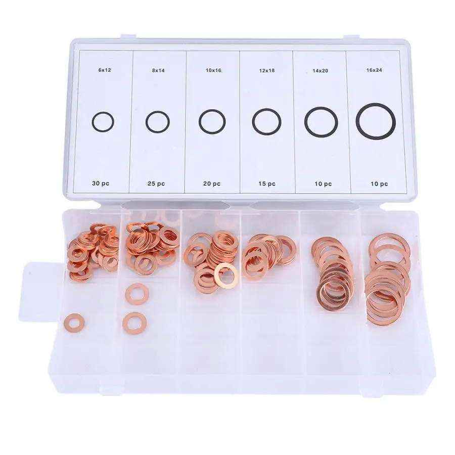 

Flat Copper Washer 110Pcs Copper Sealing Washers Solid Gasket Flat Kit Set for Maintenance Requirement Rondella