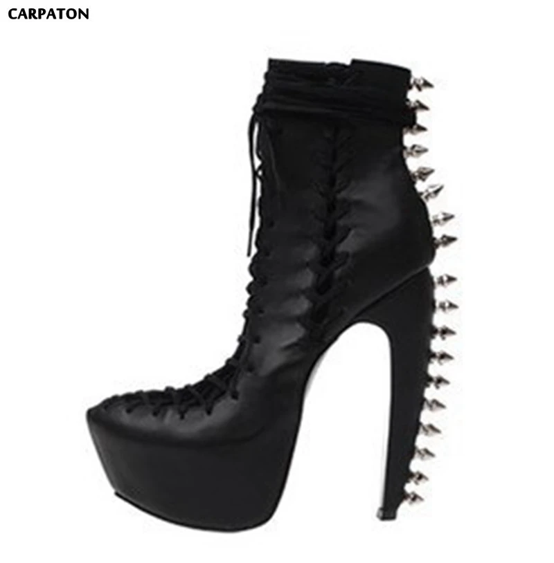 

Carpaton Fashion Rivets High Platform Pure Color Side Zips Ankle Straps Shaped fine heel Vamp Hollow Women Party Dress Shoes