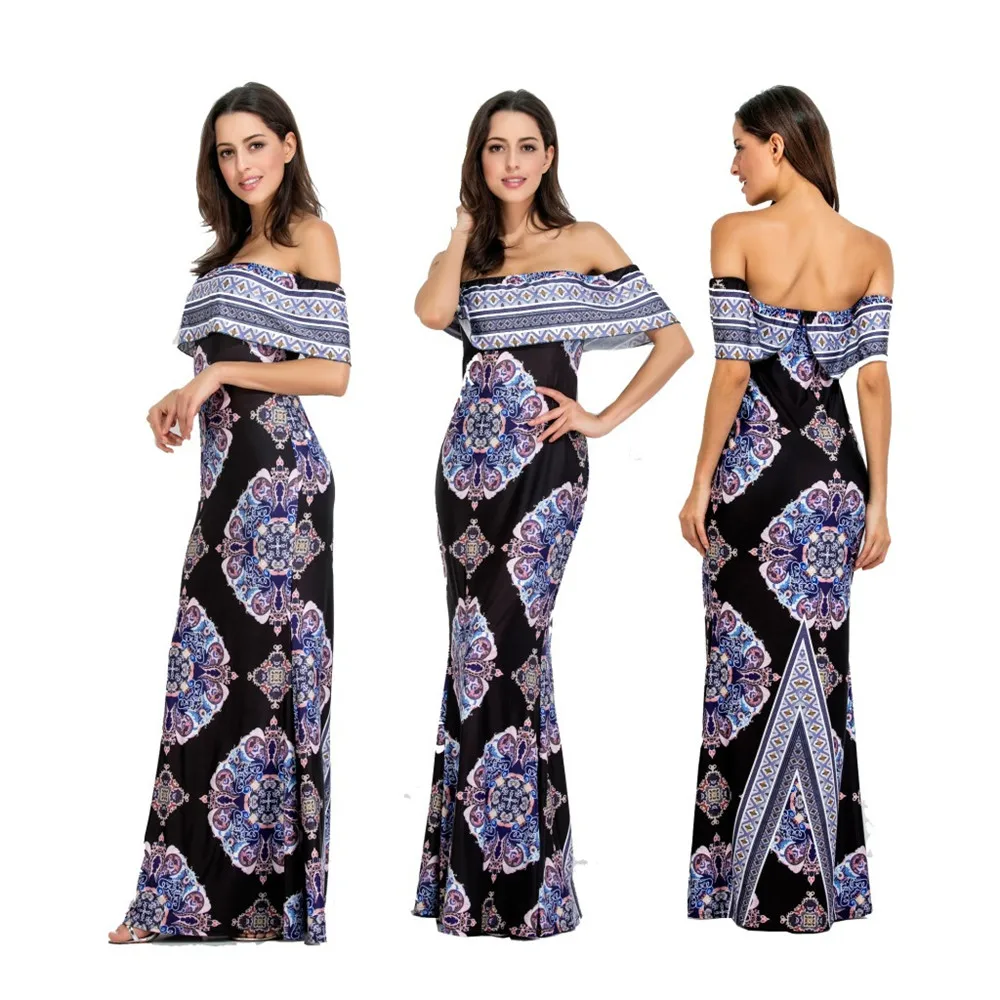 Runway Maxi Party Dress 2017 Women Party Wear Floor Length Slash Neck Strapless Floral Appliques Vintage Long Dress  (20)