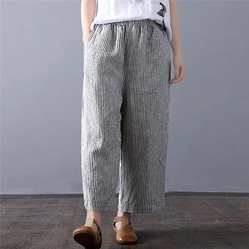 

Autumn Women High Elastic Waist Long Stripe Harem Pants Loose Trousers Cotton Linen Pencil Pantalon Casual Turnip Plus Size FD