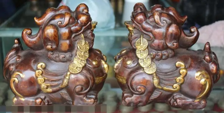 

S3399 8" Marked Chinese Bronze Gilt Dragon Beast kylin PiXiu Money Wealth Statue Pair