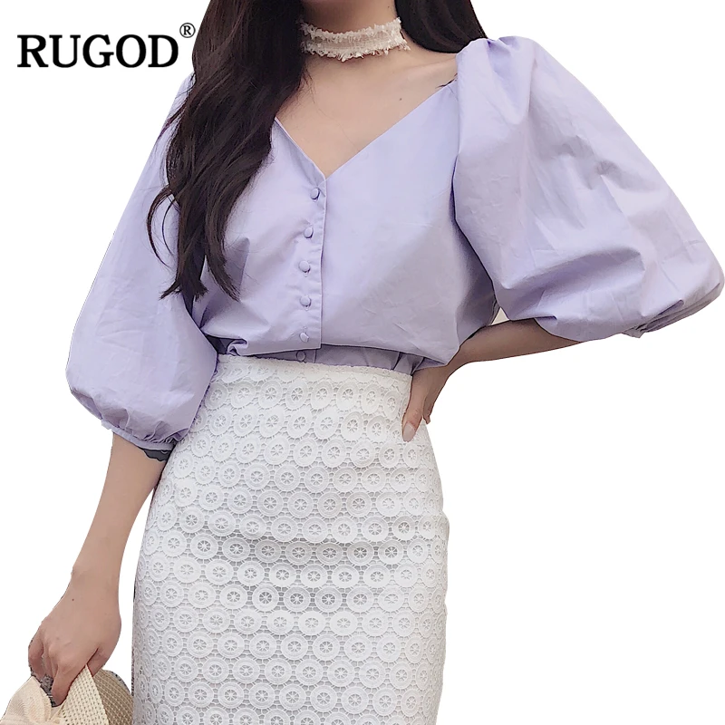 

RUGOD 2019 New Arrival Elegant Women Blouse Spring Summer Half Sleeve V neck Female Tops Lantern Sleeve Lady Blouse blusas