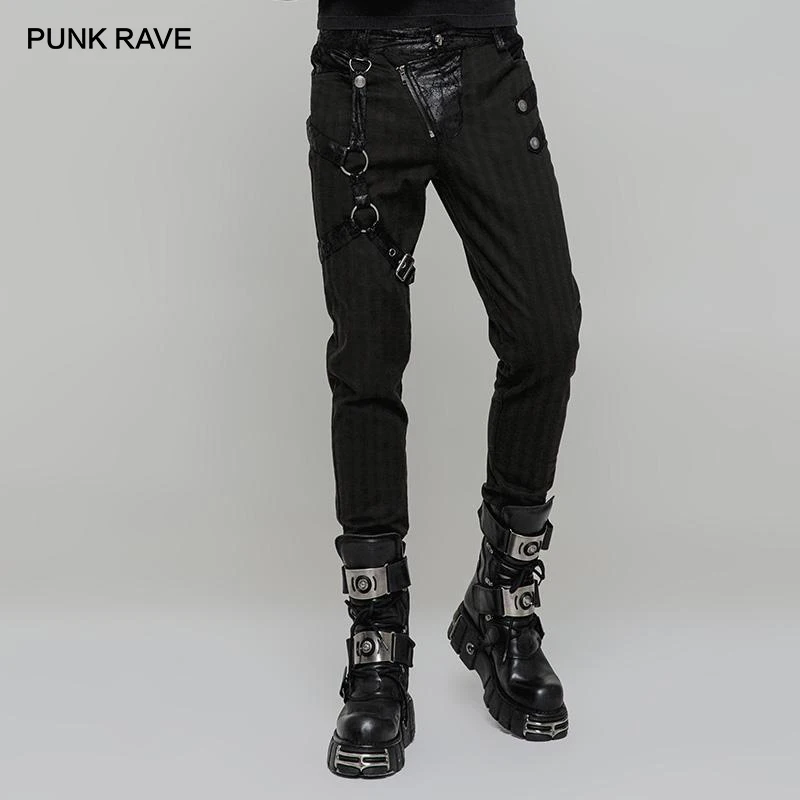 

PUNK RAVE Men's Steampunk Faux Leather Colorblock Skinny Trousers Punk Right Leg Loop Can Be Removable Men Pants Hip Hop