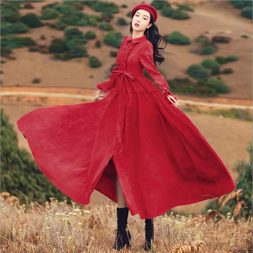 2018 Otoño y invierno nuevo vestido rojo retro PANA delgada literaria big swing largo femenino viaje holiday casual vestido - 3