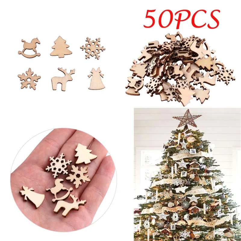 

50pcs Christmas Tree Hangings Wooden Ornament Mix Color Tiny Home Decoration Xmas Tree Pendants New Year Party Supplies