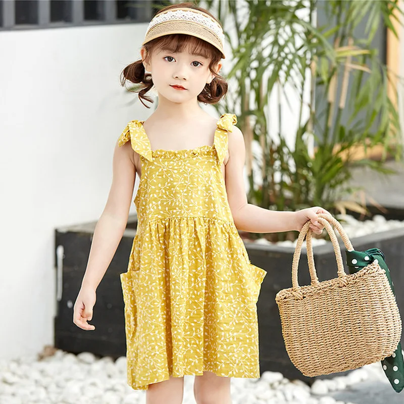 

2019 summer new cotton sleeveless sling children's dress bow print girl dress A shape toddler dresses little girls dresses