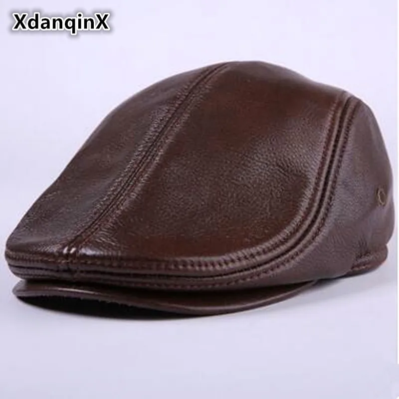 

XdanqinX Autumn Winter Men's Hats Villus Warm Genuine Leather Berets Western Style Fashion Brand Peaked Cap Cowhide Dad's Hat
