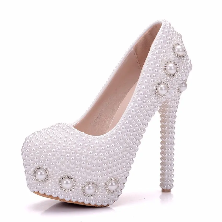 High Heels Pumps Leather Women Shoes Round Toe Full Pearl Wedding Shoes ...