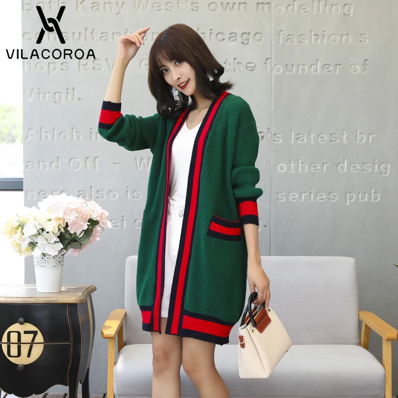 Online Autumn Winter Women Jacket Contrast Striped Cardigan Long Sleeve Pocket Female Shrugs Knitted Black Coat Outerwear Oversize 2019