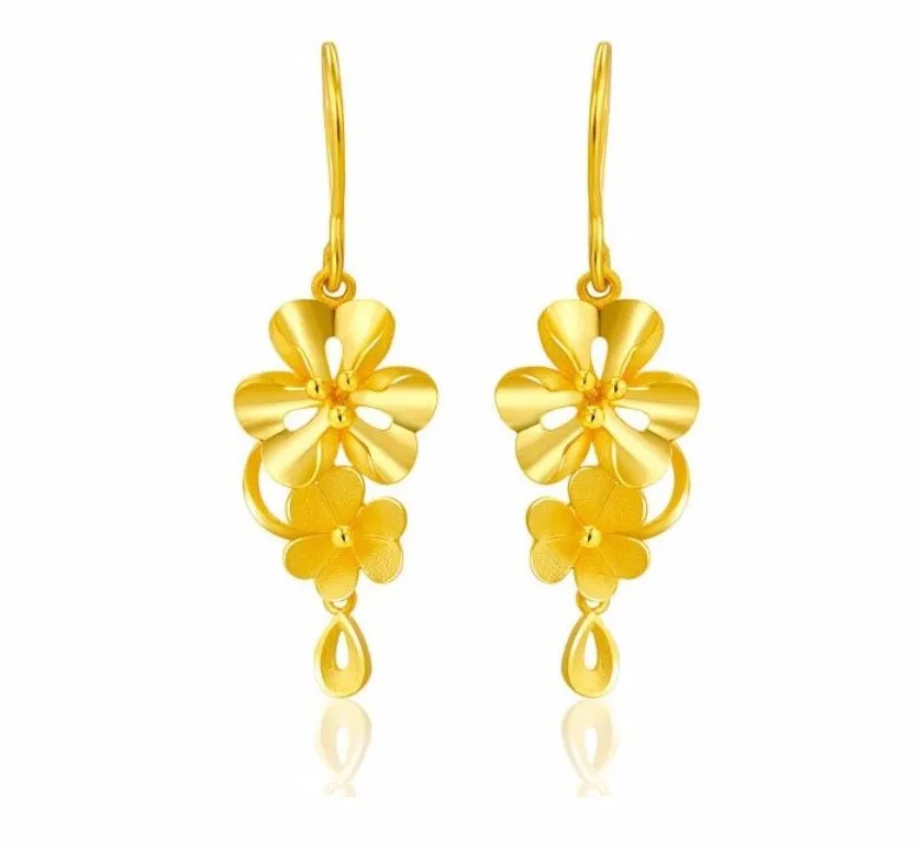 

Fashion Pure Solid 24k Yellow Gold Earring/ Lucky Best Flower Dangle Earring/ 7.26g