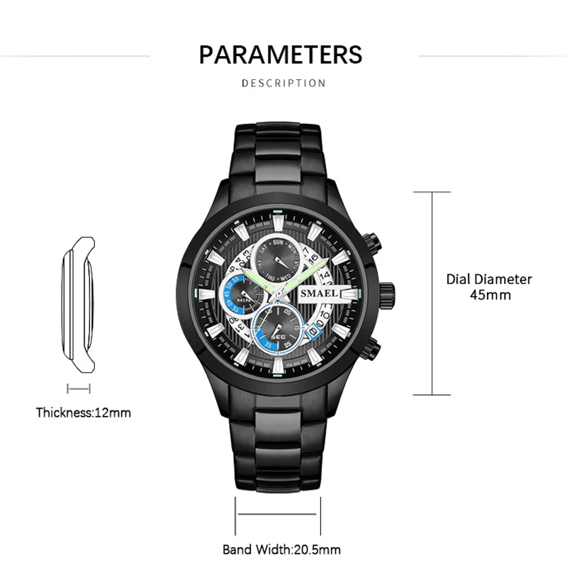 SMAEL Black & Gold Quartz Watch Top Brand Luxury Men Watches Fashion Man Wristwatches Stainless Steel Relogio Masculino Saatler