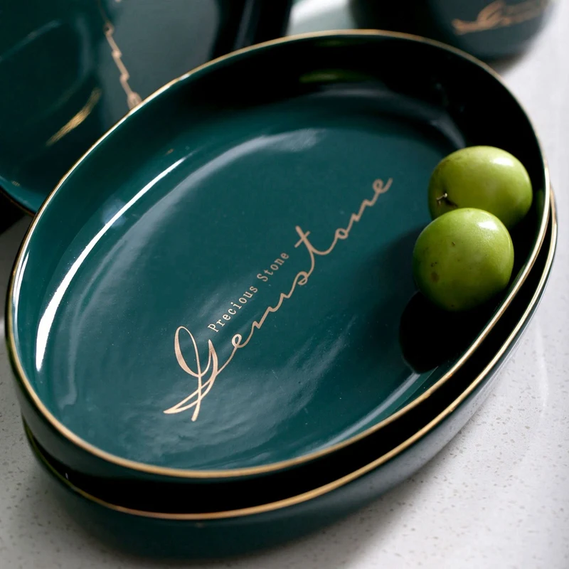 

Green Ceramic Gold Inlay Plate Steak Food Plate Nordic Style Tableware Bowl Ins Dinner Dish High End Porcelain Dinnerware Set
