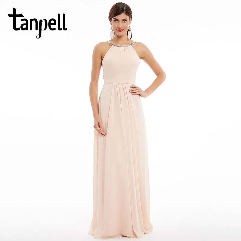 

Tanpell scoop long evening dress pearl pink ruched sleeveless zipper up floor length dress cheap beaded a line evening dresses