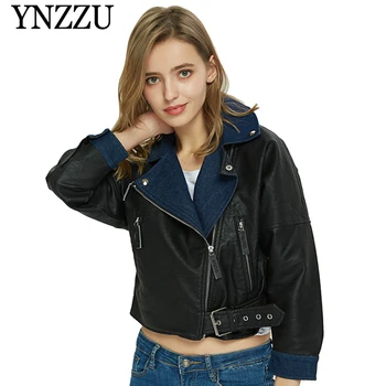 

YNZZU 2019 Autumn denim patchwork women leather jacket Loose chic long sleeve lady Pu jacket New arrival causal short coat YO821