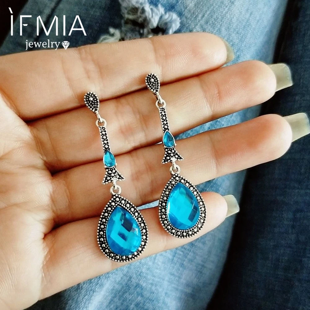 

IFMIA Bohemian Blue Crystal Rhinestone Earrings Pendant Cubic Zirconia Women's Fashion Jewelry Vintage Silver New Jewelry