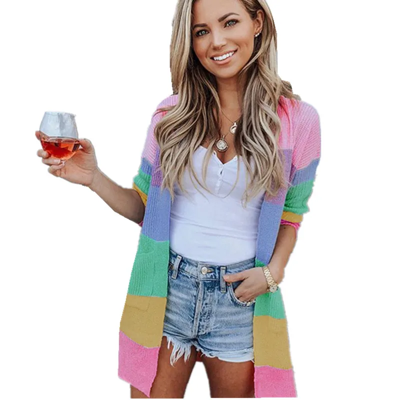 LOSSKY Rainbow Sriped Patchwork Autumn Long Cardigan Casual Loose Long Sleeve Women Winter Knitted Sweater Coat Outwear Jumpers 