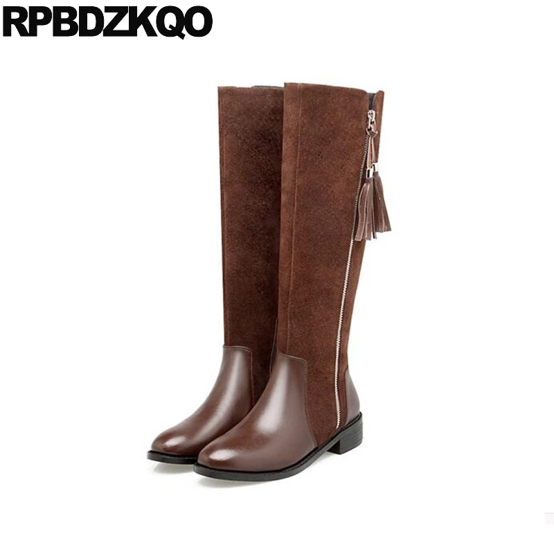 Chaussures Nouveau Chaud Long Équitation En Cuir black Fringe Noir Lined Slim Plat Genou Fur brown Vintage Bottes Femmes Rond Dames Femme Brun Véritable Zip Côté Haute Bout pqqrax1