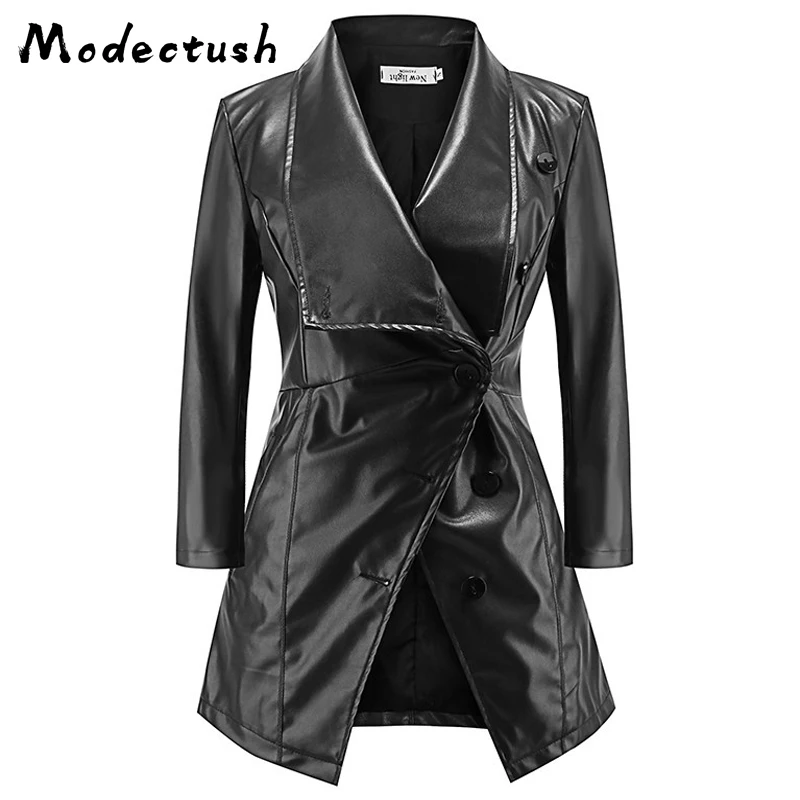 

Modecrush Women's PU Leather Long Jacket 2019 Faux Motorcycle Jackets Plus Size Button Black Coat Leather Outerwear Clothing