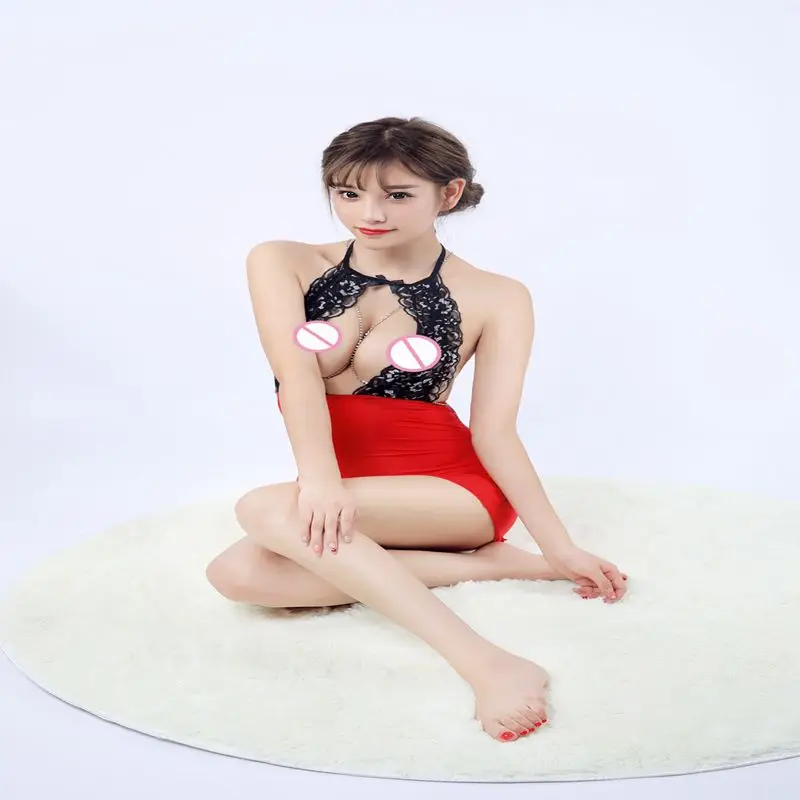 

Lace neck transparent ice silk sexy nightgown sexy lingerie split miniskirt tight nightclub dress conjoined skirt