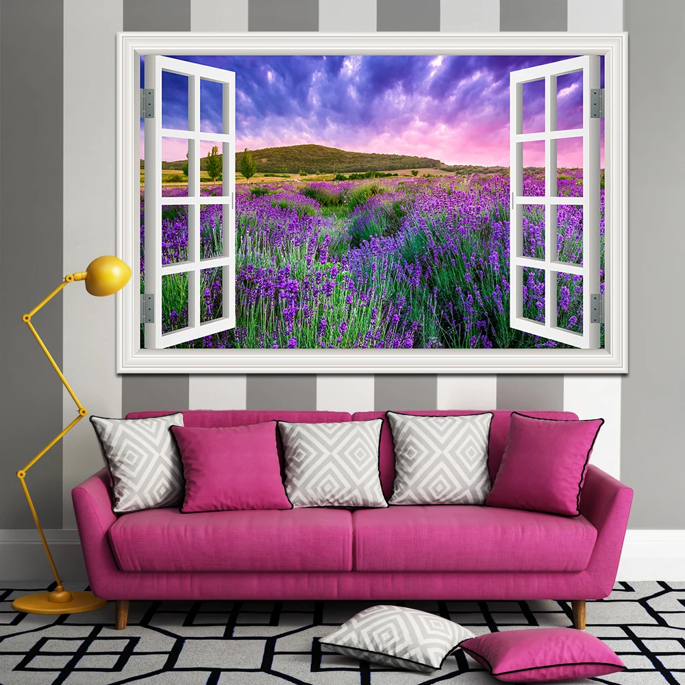 Фиолетовая Лавандовая наклейка с пейзажем, виниловые обои, 3D Наклейка на стену с видом окна, украшение для комнаты adesivo de parede
