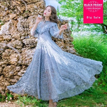 

Bohemian white and grey sexy lace dress 2018 summer new hollow out hook flower art dress high waist half holiday dress L177