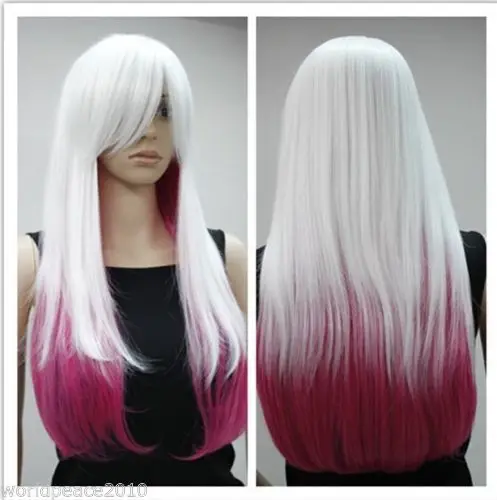 

Cos white and rose red mix long straight cosplay wig AAA