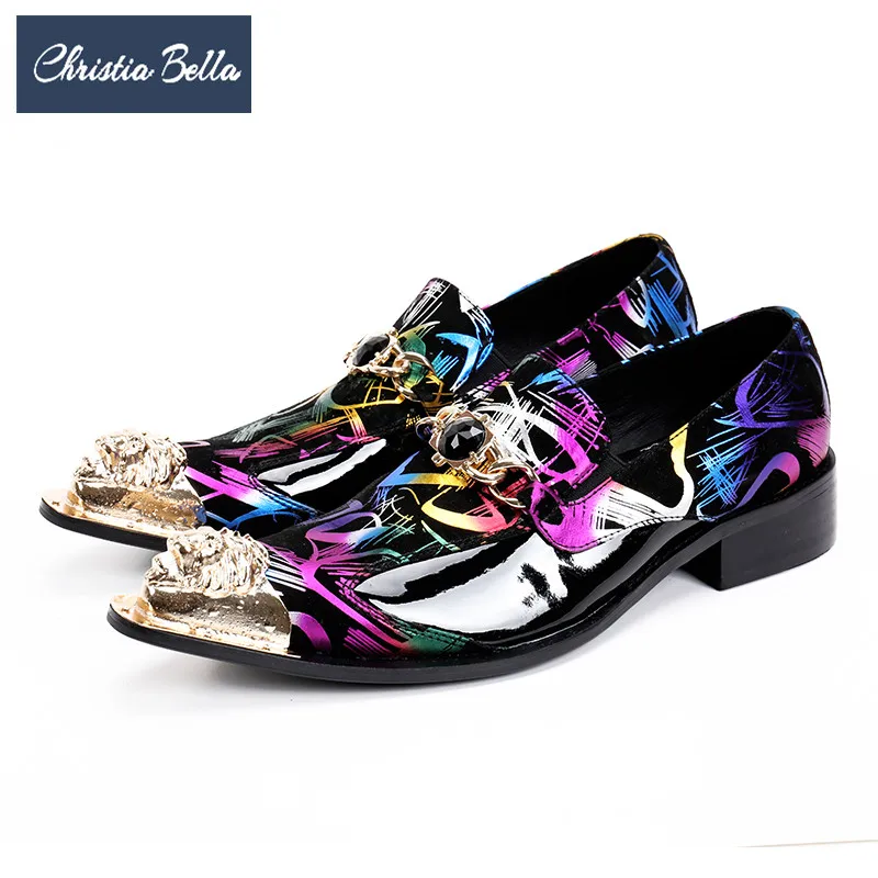 Christia Bella Genuine Leather Men Business Shoes Metal Pointed Toe Printing Formal Shoes Italian Wedding Party Men Dress Shoes