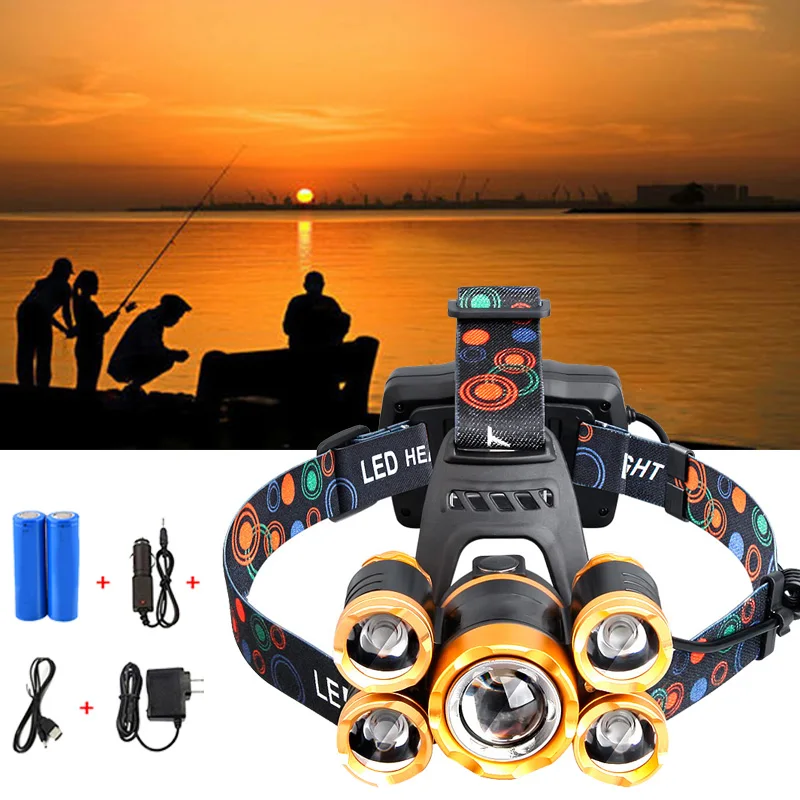 

Full Set LED Head Lamp 50000 Lumen Head Torch T6+XPE Fishing Headlamp Zoom Flashlight USB Charging Powerful Headlight At Night