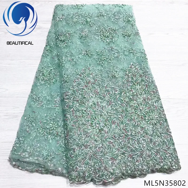 

Beautifical african lace fabrics Top sale DIY beads net lace fabric with sequins 5yards make handcrafted beaded lace ML5N358