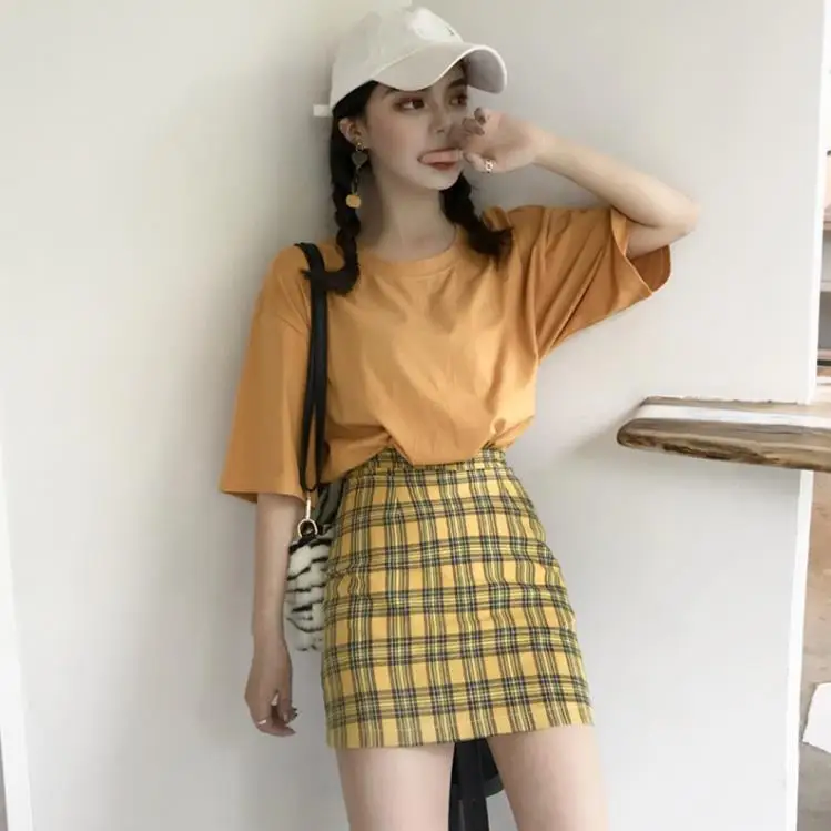

Spring and summer new Korean fashion retro loose high waist plaid A word skirt