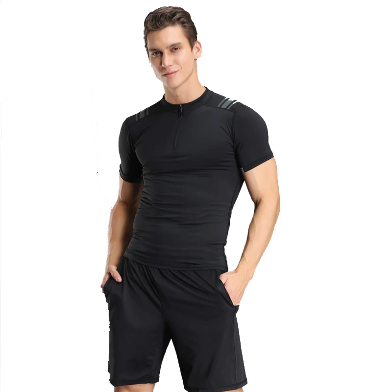 zipper collar Men's short sleeved T shirt sports shirts black and white color quick drying