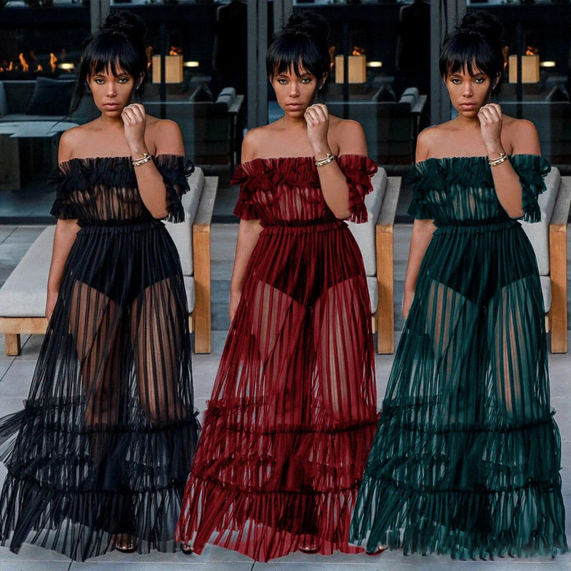 

2018 New Style Women See Through Off Shoulder Long Maxi Dress Prom Evening Party Summer Beach Holiday Dresses