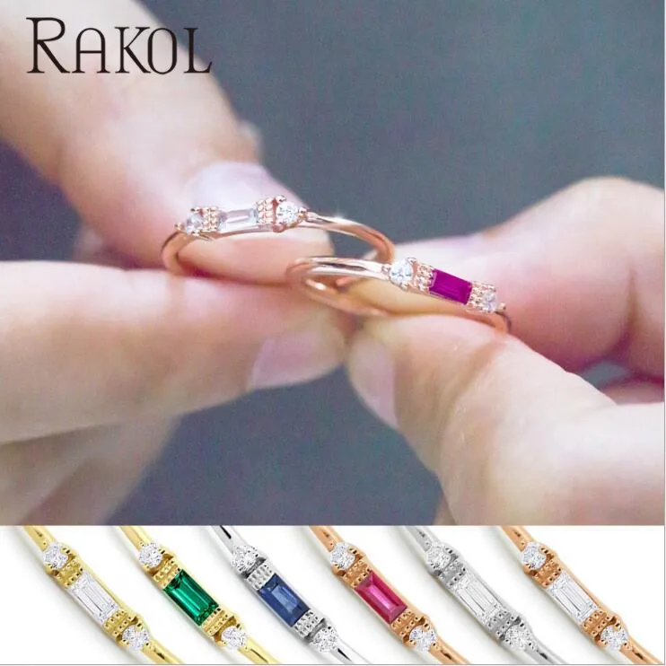 

RAKOL Multicolor Simple Personality Baguette Cubic Zirconia Finger Ring for Women Girl Party Dress Jewelry RRL1088