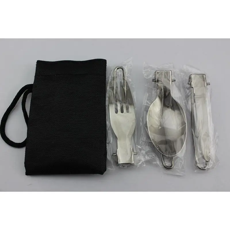 

Camping Kitchen Picnic Travel Tool Stainless Steel Folding 3pcs Knife Fork Spoon Environmental Protection Set Reusable Flatware
