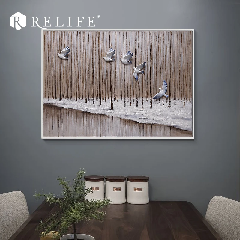 

Wholesale Forest Landscape Decorative with Resin Birds Wall Art Oil Paintings for Living Room