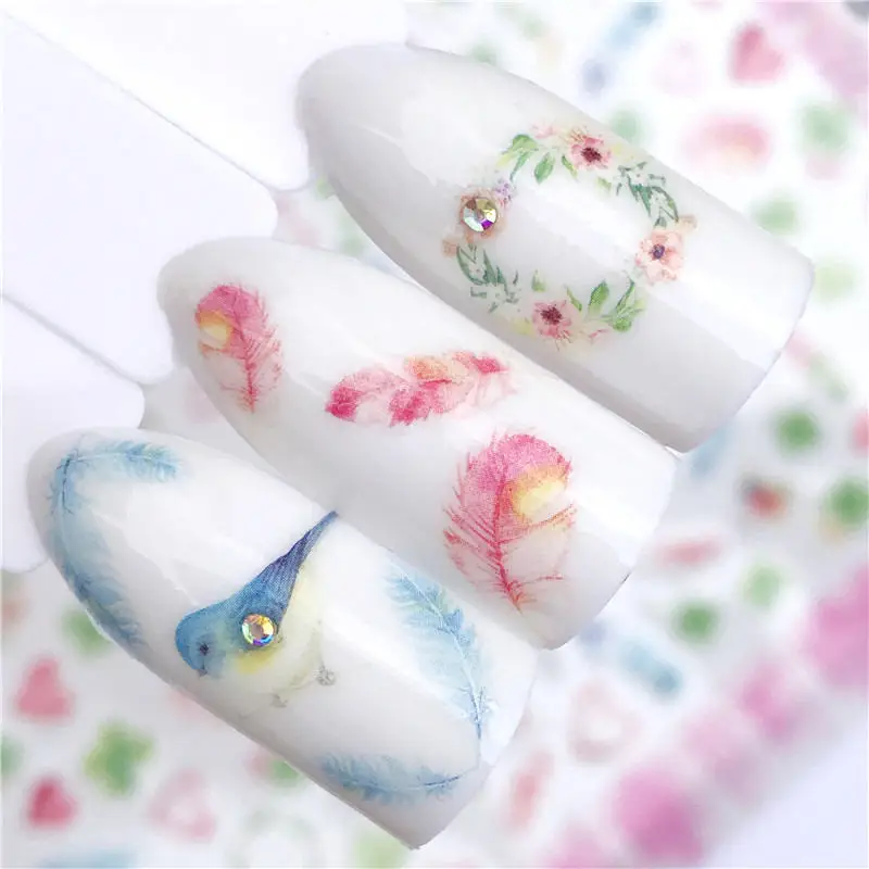 

YZWLE 1 PC Nail Art Sticker Flower Stripe/Navy/Animal/Bird/Feather 3D Adhesive Laser Metallic Slider Decor Nail Decal Manicure