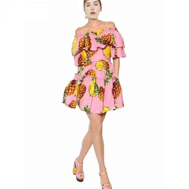 

2017 Runway Designer New Summer Mini Dress Women's Ruffles Sleeves Elastic Sashes Pineapple Print Slash Neck Pink Dress