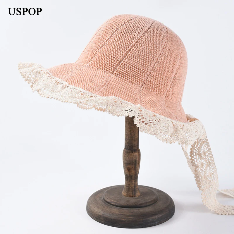 

USPOP summer hat lace-up sun hats for women sweet lace brim straw hats patchwork wide brim beach hat