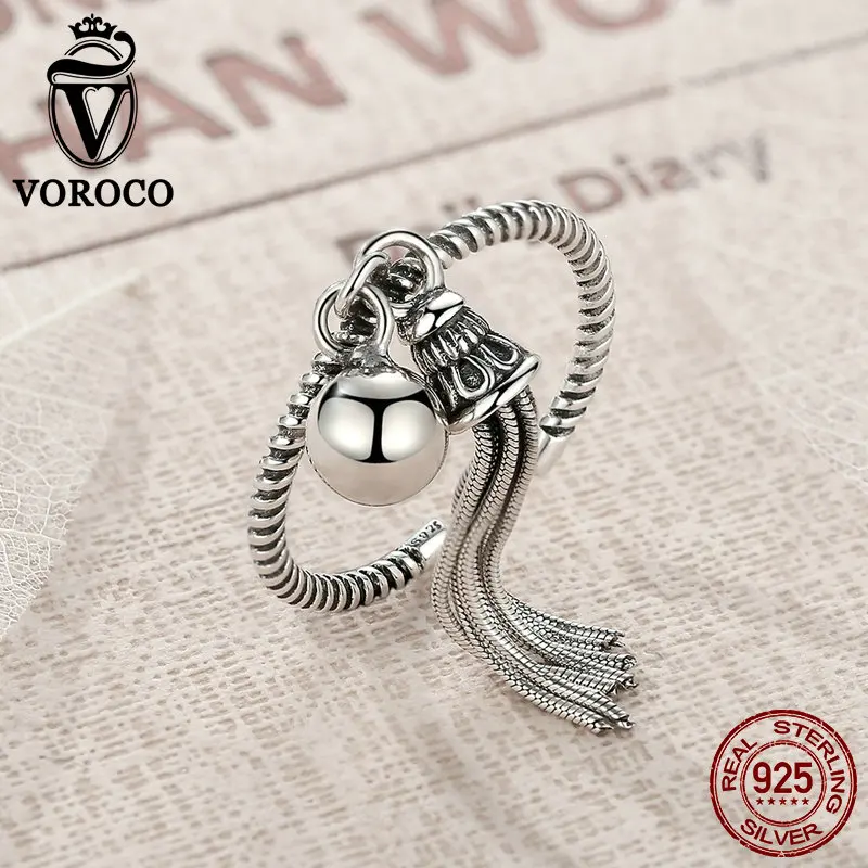 VOROCO Authentic Original 925 Sterling Silver Tassels and Beads Stylish Band Cuff Adjustable Cuff Ring Woman & Lady Fine Jewelry Fine Jewelry