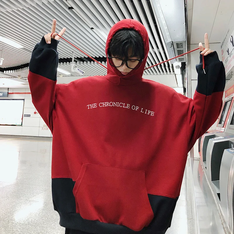 

Fashion Casual Men's Hoodie Spring And Autumn New S-2XL Color Matching Loose Pullover Red Navy Blue Personality Youth Popular