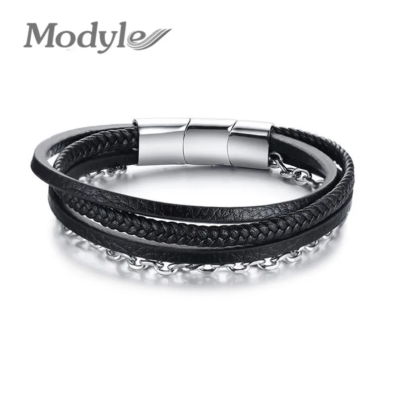 Браслет-цепочка из натуральной кожи Mostyle из нержавеющей стали для мужчин, браслет из натуральной кожи с регулируемой магнитной застежкой, мужские ювелирные изделия в стиле панк